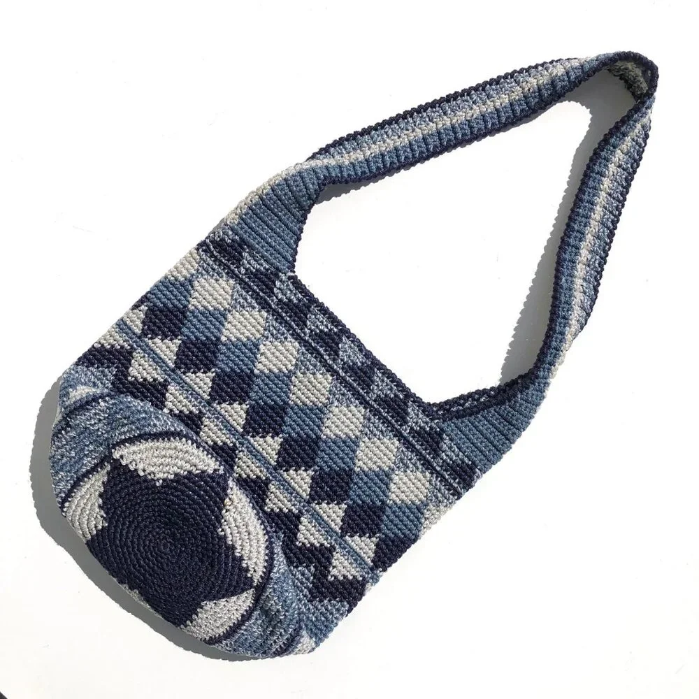 crochet hobo bag bucket bag boho shoulder bag navy blue gray purse festival